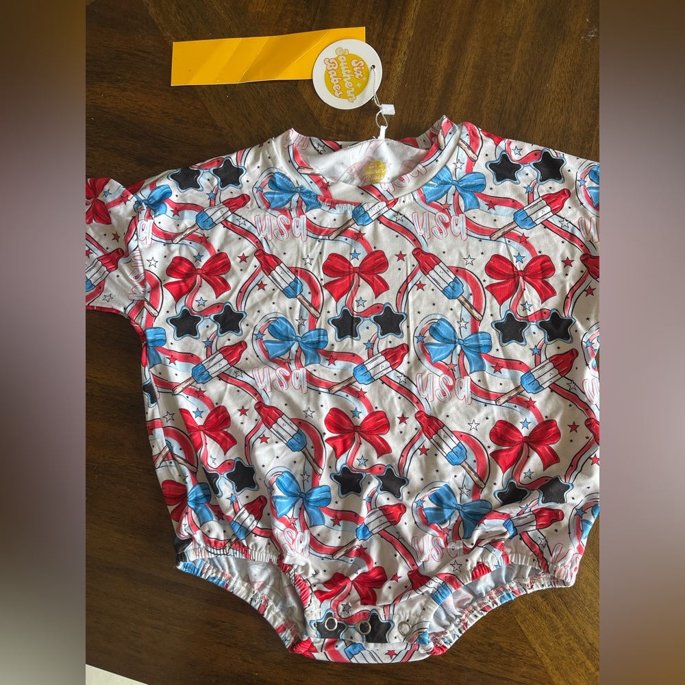 Patriotic Bow and Star Print Baby bubble romper